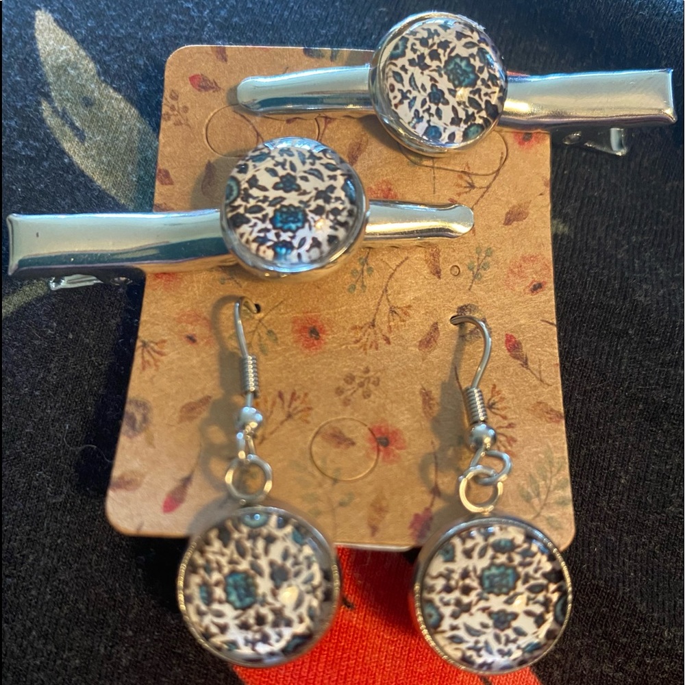 Handmade Flower Print Earring and Hair Clip Set